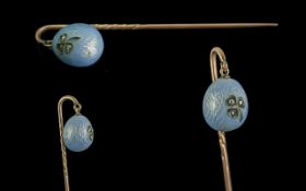 Antique Period Fine Quality & Rare 9ct Gold Stick Pin, with attached small blue enamel egg set
