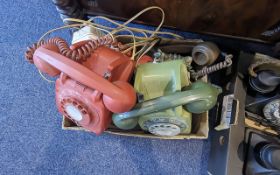 Four Vintage Telephones, No. 706 L TEA 65/2A, two red, one avocado, one beige.
