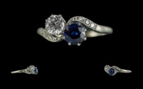 18ct White Gold and Platinum Attractive - Pleasing Quality Two Stone Diamond and Sapphire Set Ring -
