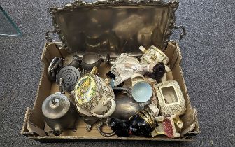 Silver Plated Tray, 4 Piece Tea service and a Candelabrum. Plus a small collection of pottery.