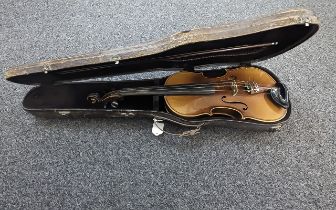 Violin in Fitted Case, with bow, measures 15'', overall 24''.