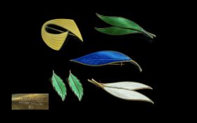 David Andersen Norway Signed Fine Collection in Enamel on Sterling Silver Brooches, five in total,