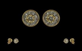 A Fine Pair of 18ct Gold Diamond Set Cluster Earrings. Marked 750 - 18ct. Each Earring with
