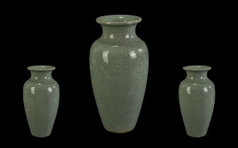 Chinese Guan-Type Crackle Glazed Celadon Pottery Vase, Height 11½ Inches