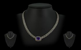 Silver Necklace Set with Marcasite and Large Amethyst. Statement Necklace In Silver, Set with