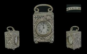 Victorian Period Fine Quality Sterling Silver Embossed Cased Miniature Carriage Clock with