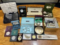 Box of Collectables. Jewellery, Watches, Silver Thimble, Compact, Coins, Pearls, Boxed Silver Handle