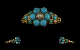 Antique Period - Attractive 18ct Gold Turquoise Stone Set Ring, Excellent Designed Shank /