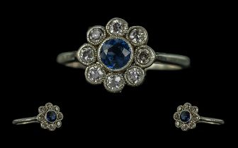 Art Nouveau - Petite 18ct White Gold Sapphire and Diamond Set Ring. c.1900. The Central Blue