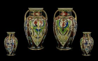 Noritake - A Fine Pair of Hand Painted Twin Handle Vases. Each Vase Decorated In Painted Enamels (