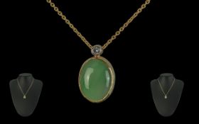 18ct Gold Pleasing Quality Jade & Diamond Set Pendant, with attached 18ct Gold Chain. Both pendant