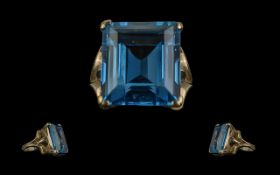 9ct Gold - Pleasing Single Stone Blue Topaz Set Statement Ring. The Large Blue Faceted Topaz of Good