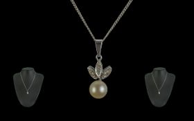 Mikimoto 18ct White Gold Diamond & Cultured Pearl Set Pendant - Attached to an 18ct White Gold