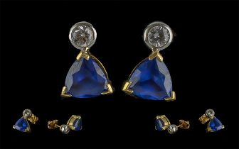 Ladies Fine Quality Pair of 18ct Gold Tanzanite and Diamond Set Earrings. Each Marked 750 - 18ct.