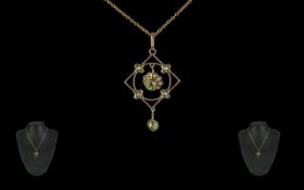 Antique Period - Attractive 9ct Gold Open Worked Peridot and Seed Pearl Set Pendant with Attached