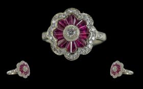 Ladies - Attractive 18ct White Gold Ruby and Diamond Set Dress Ring. Excellent Design. Full Hallmark