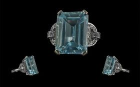 Ladies - Superb Quality 18ct White Gold Blue Topaz and Diamond Set Dress Ring, Full Gold Marks to