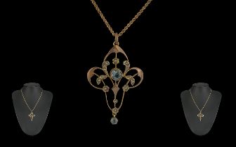 Victorian Period Attractive 9ct Gold Open Worked Pendant Set with Aquamarine / Pearls, Attached to a