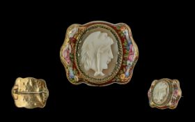 Antique Period - Pleasing Quality Ladies - Excellent 18ct Gold and Enamel Set Cameo Brooch,