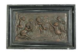 Cast Iron Fireback, depicting cherubs and animals, framed, measures 11'' x 17''. With hanging