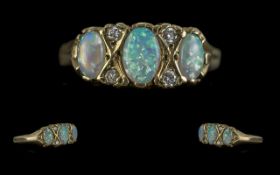 Antique Period Ladies 9ct Gold Opal & Diamond Set Ring. Full hallmark to shank. The three oval