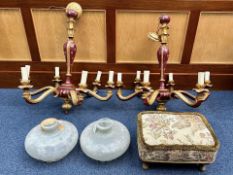 Two Wooden Chandeliers, painted in burgundy and gilt. Five branch with candle lights, circa 1920'