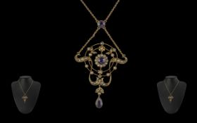 Antique Period Art Nouveau Attractive 9ct Gold Openworked Pendant Necklace, set with Amethyst seed