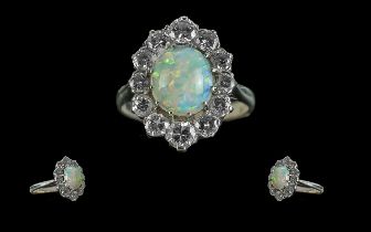 Ladies 18ct White Gold Attractive Opal & Diamond Set Cluster Ring, hallmark to interior of shank.