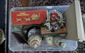 Box of Assorted Pottery & Porcelain, including a biscuit barrel, plates, figures, cake plate and