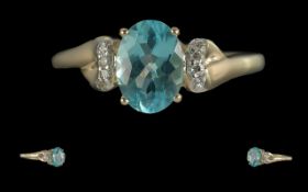 Ladies Attractive 9ct Gold Aquamarine & Diamond Set Ring, marked to interior of shank. The