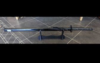 Samurai Sword, copy of Tom Cruise Last Samurai, safety blade, with black lacquered stand.