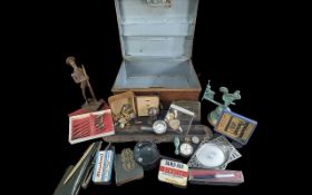 Box of Collectibles including teaspoons, box of cufflinks, a vintage Radio Tube Trick, ball point
