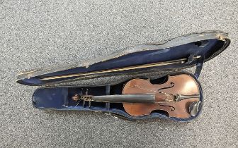 Violin in Fitted Case, with bow, needs re-stringing, measures 14'', overall 23''.