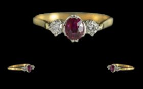 Ladies 18ct Gold Attractive 3 Stone Diamond and Ruby Set Dress Ring. Full Hallmark to Interior of