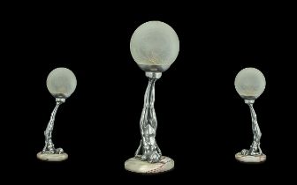 Art Deco Style Lamp, in the form of a lady lying down and supporting the globe lamp on her feet.