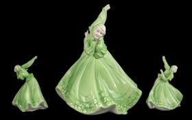 Katzhutte 1950's Large Hand Painted Porcelain Figure - Young Female, Dancing In Long Green Dress,