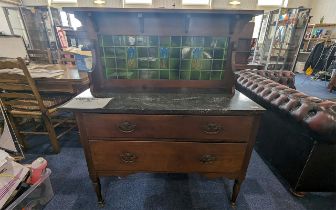 Art Nouveau Wash Stand, green tiled tulip decorated splash back, marble top (cracked to corner),