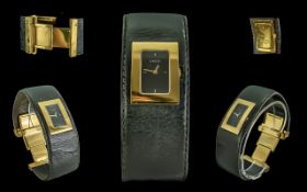 Gucci Ladies Excellent Gold on Steel Quartz Black Leather Banded Fashion Watch, with fold-over