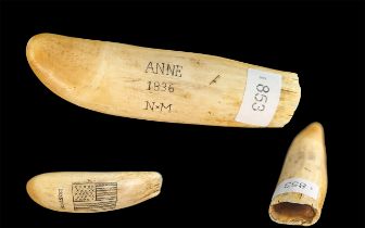 Scrimshaw, Boston Flag, marked Anne 1836 NM. Length 6.25''.