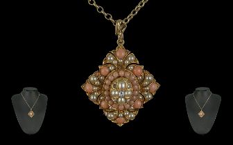 Antique Period - Excellent Quality Mid 19th Century 18ct Gold Diamond - Coral and Seed Pearl Set