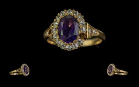 Antique Period - Attractive 18ct Gold Amethyst and Diamond Set Cluster Ring.