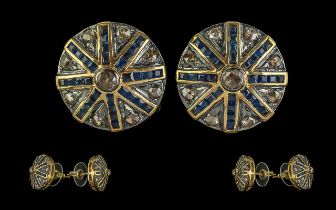 Pair of silver gilt large round target-style stud earrings set with sapphires and diamonds, boxed.