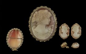 9ct Gold Mounted Cameo Brooch & Earrings Set, hallmarked 9ct. Rope twist frame.