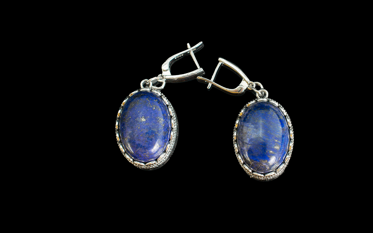 Silver Oval Lapis Lazuli Drop Earrings,