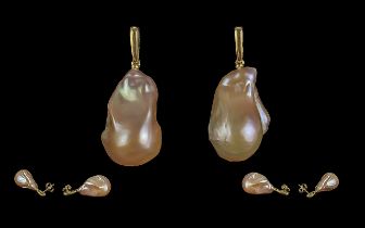Pair of 18ct Yellow Gold Drop Earrings set with champagne baroque pearls, boxed.