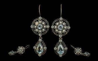 Pair of vintage-style drop earrings set with topaz and seed pearls, with fish hook fittings, boxed.