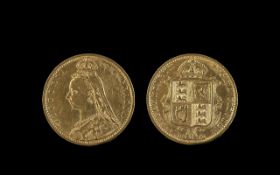 Queen Victoria 22ct Gold Jubilee Head Shield Back Half Sovereign, date 1892, grade OK.