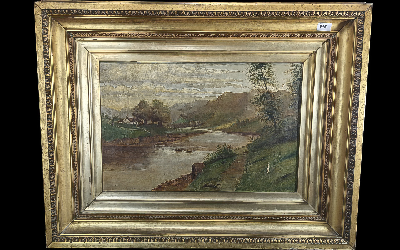 19th Century Oil Painting on Canvas, river landscape, mounted in a gilt swept frame, the whole