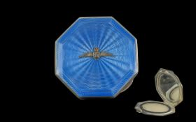 Ladies Sweetheart Octagonal Shaped Sterling Silver and Star burst Blue Enamel Compact with the R.A.F