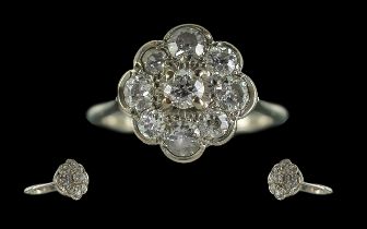 Antique 18ct White Gold Diamond Cluster Ring, Flower Head Design Set With 9 Round Brilliant Cut